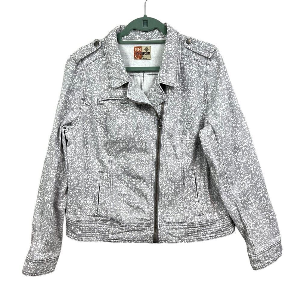 RuffHewn Womens Floral Denim Jean Jacket CollaredAsymmetric Zipper Pockets Sz L‎